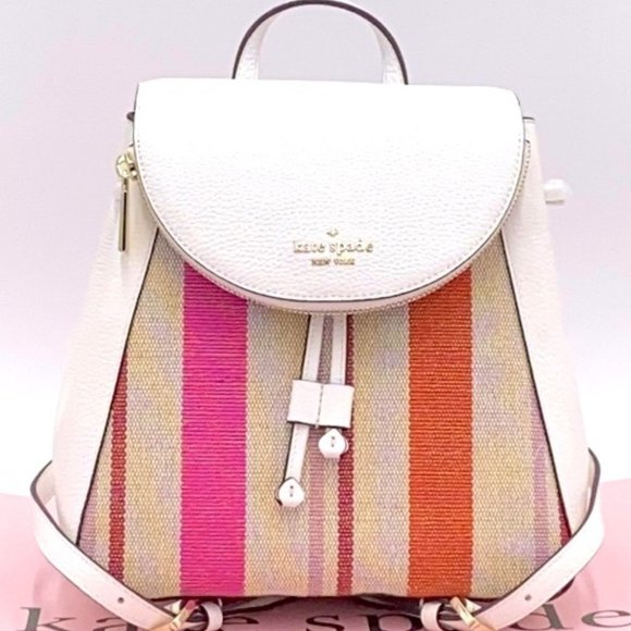 NWT Kate Spade1 - Leila Striped Canvas Pebble Leather Medium Flap Backpack8.4